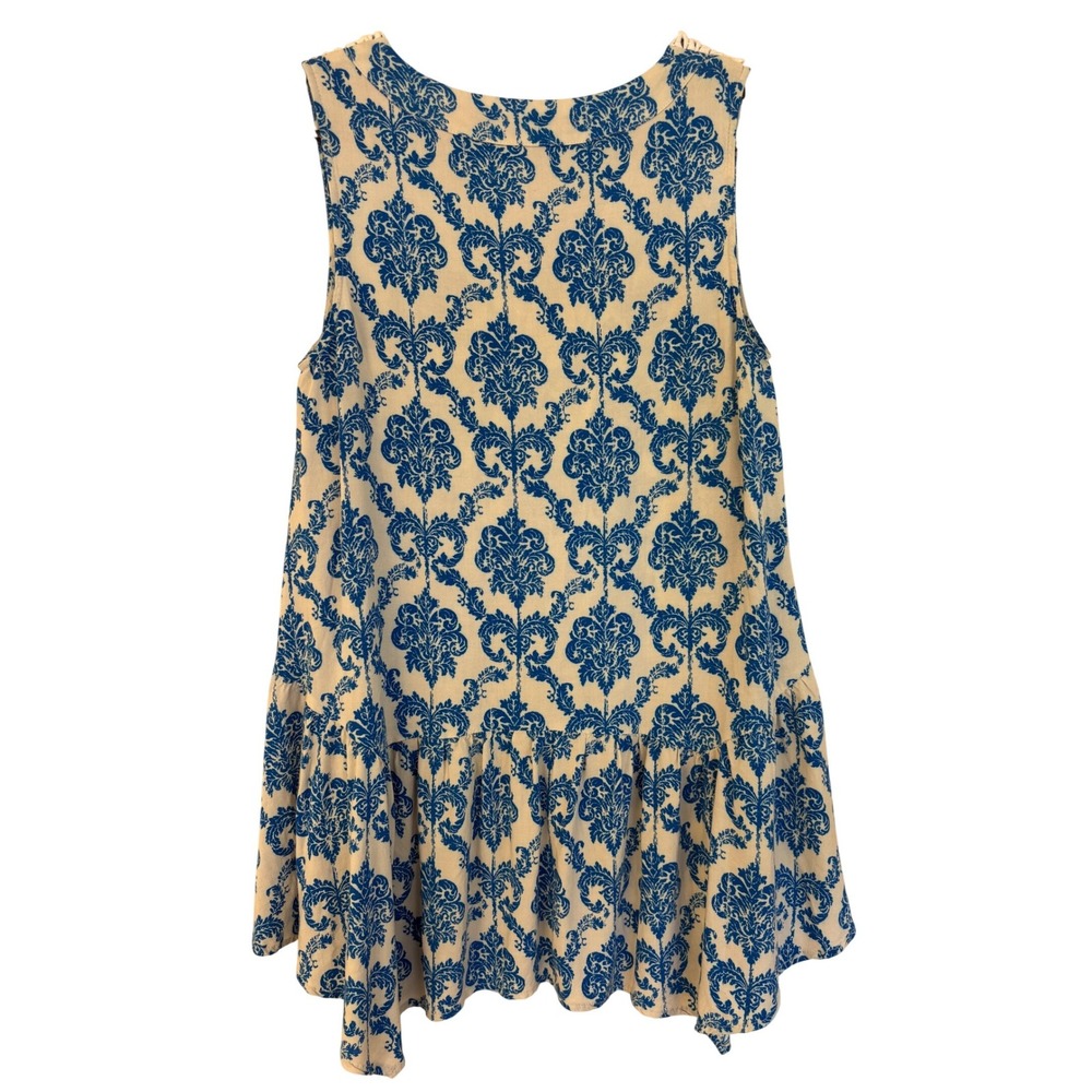 THML Blue Damask Print Crochet Trim‎ Sleeveless Babydoll Peplum Top Small boho - Picture 5 of 5